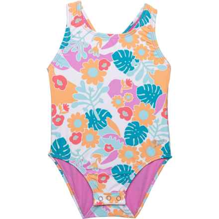 Speedo Infant and Toddler Girls Printed One-Piece Snapsuit Swimsuit - UPF 50+ in Cyclamen