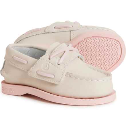 Sperry Little Boys and Girls Authentic Original Hook and Loop Boat Shoes - Leather in Taupe/Pink
