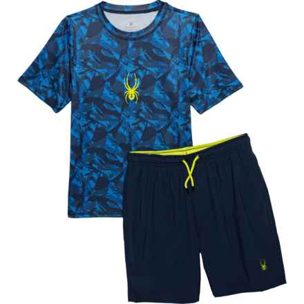 Spyder Little Boys Blackwater Printed Swim Shirt and Shorts Set - UPF 30+, Short Sleeve in Dress Blue/ Dress Blue Printed