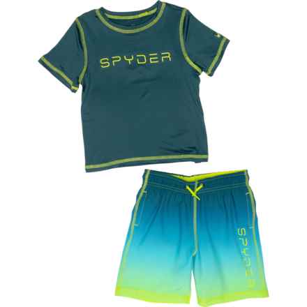 Spyder Little Boys Ombre Pop Rash Guard and Swim Trunks Set - UPF 30+, Short Sleeve in Kombu Green
