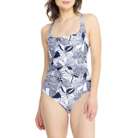 Stella Parker Line Floral Shirred One-Piece Swimsuit in Dress Blue