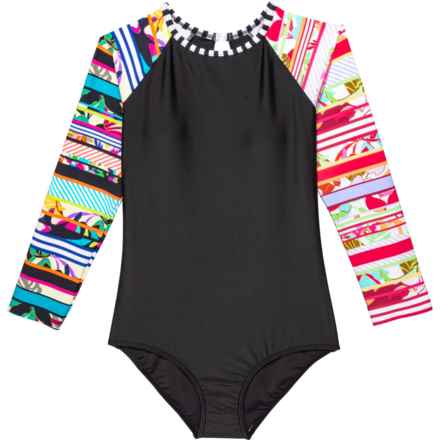 Sunseeker Big Girls Tropical Rainbow One-Piece Rash Guard Swimsuit - Long Sleeve in Black