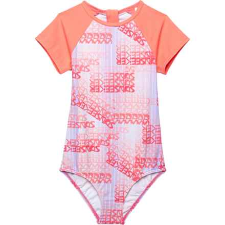 Sunseeker Little Girls Logo Print One-Piece Rash Guard Swimsuit - Short Sleeve in Pink