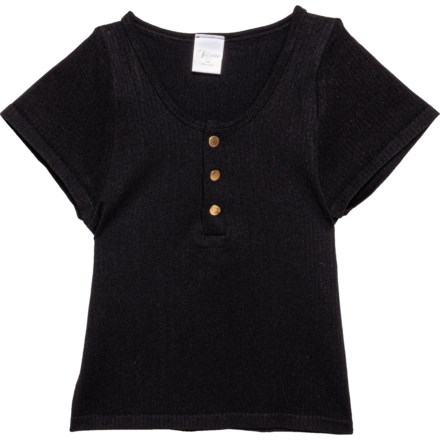 SUZETTE Big Girls Seamless Ribbed Henley Shirt - Short Sleeve in Black
