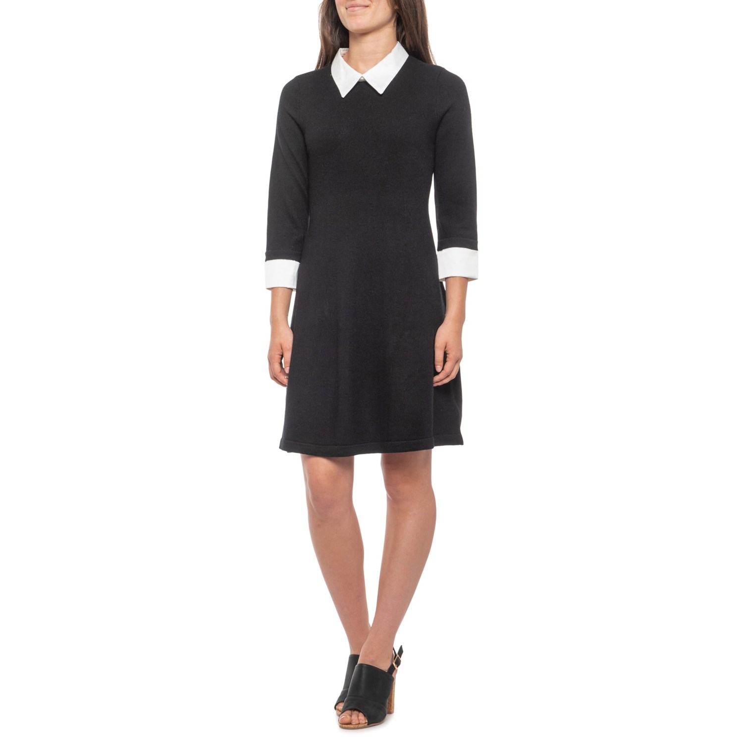 Tahari Black-White Collar Sweater Dress - Merino Wool, 3/4 Sleeve (For  Women)