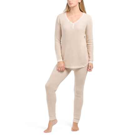 Tahari Cotton-Cashmere Waffle-Knit Lounge Set - Long Sleeve in Heather Oat