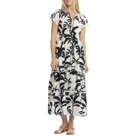 Tahari Drop Shoulder Midi Dress - Linen, Short Sleeve in Palm Tree Stamp