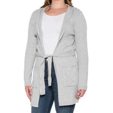 Tahari Hooded Cotton Cashmere Cable-Knit Robe - Long Sleeve in Heather Fog