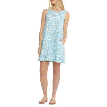 Tahari Linen Trapeze Dress - Sleeveless in Swirling Leaves