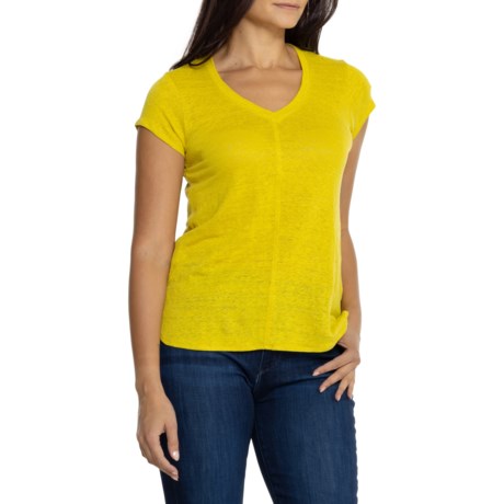 Tahari Linen V-Neck Shirt - Short Sleeve in Warm Olive
