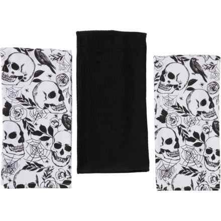 Tahari Sketched Charcoal Skulls Halloween Kitchen Towels - 3-Pack, 18x28” in Black