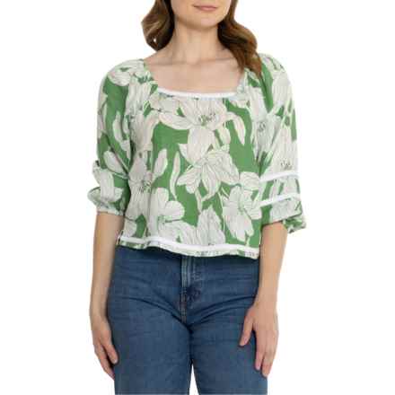 Tahari Square Neck Braided Trim Shirt - Linen, 3/4 Sleeve in Nature Floral
