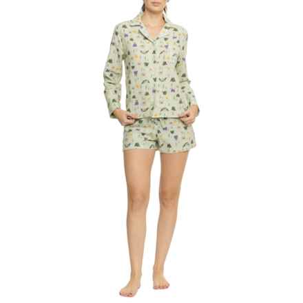 Telluride Clothing Company Dogs Camping Print Flannel Shorty Pajamas - Long Sleeve in Green Dogs