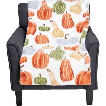 The Farmhouse by Rachel Ashwell Block Print Pumpkins Printed Koda Faux-Fur Throw Blanket - 50x70” in Green - Closeouts