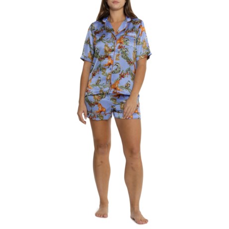 THEIR NIBS Woodland Trellis Satin Button-Down Shirt and Shorts Pajamas - Short Sleeve in Blue