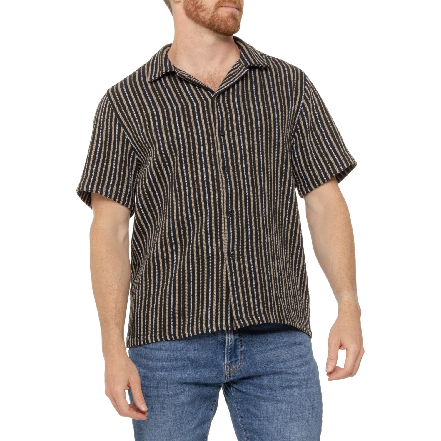THOMAS STERLING Textured Stripe Woven Shirt - Short Sleeve