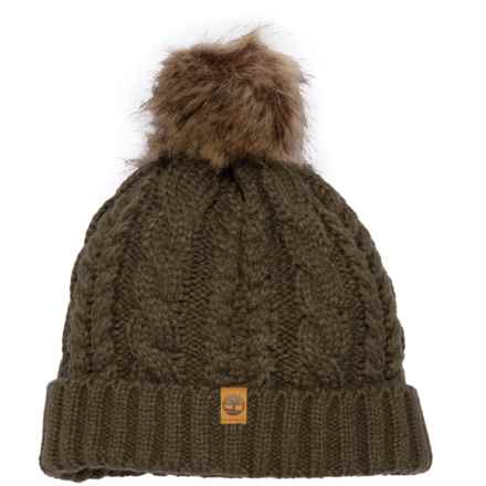 Timberland Cable-Knit Pom Beanie in Olive