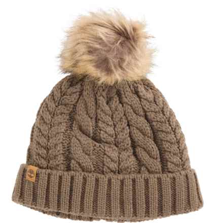Timberland Cable-Knit Pompom Beanie in Chocolate Chip