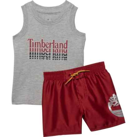 Timberland Infant Boys Muscle Shirt and Swim Trunks Set - Sleeveless in Grey/Maroon