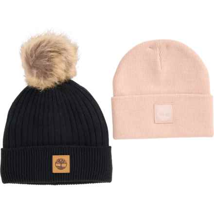 Timberland Tonal Beanie and Cable-Knit Pompom Beanie Set in Black/Tan