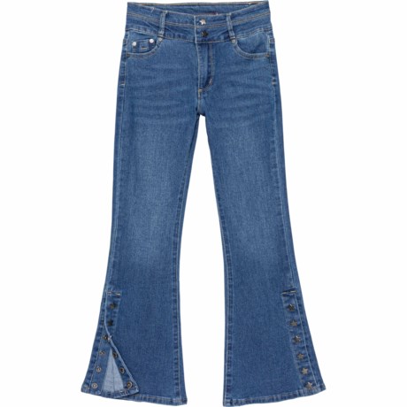 Tractr Big Girls Star Snap Double Waistband Flare Jeans - High Rise in Med Indigo