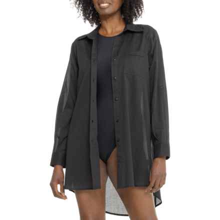 TRUE DESTINATIONS Cotton Voile Printed Button-Front Shirt - Long Sleeve in Black