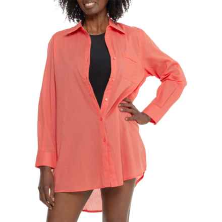 TRUE DESTINATIONS Cotton Voile Printed Button-Front Shirt - Long Sleeve in Coral