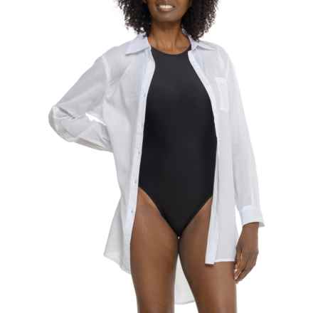 TRUE DESTINATIONS Cotton Voile Printed Button-Front Shirt - Long Sleeve in White