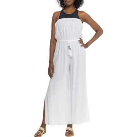 TRUE DESTINATIONS Solid Challis Cover-Up Jumpsuit in White