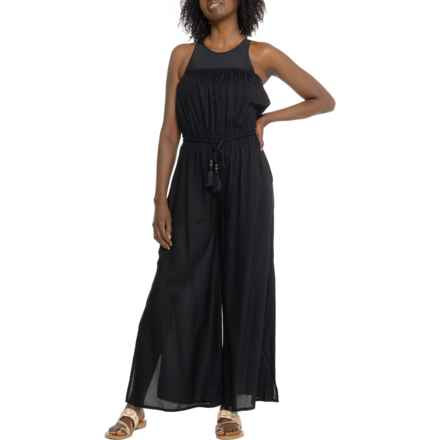 TRUE DESTINATIONS Solid Challis Cover-Up Jumpsuit - Sleeveless in Black