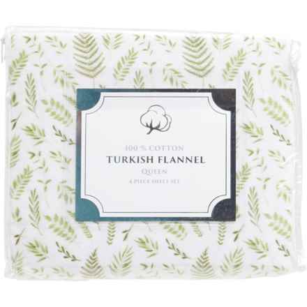 Turkish Flannel Queen Cotton Fern Sheet Set - White-Green in White/Green