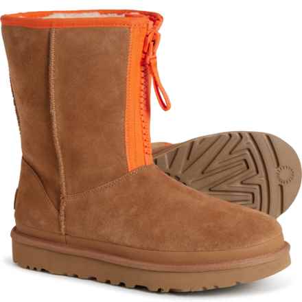 UGG® Australia Classic Short Zipper Tape Logo Boots - Suede (For Women) in Chestnut