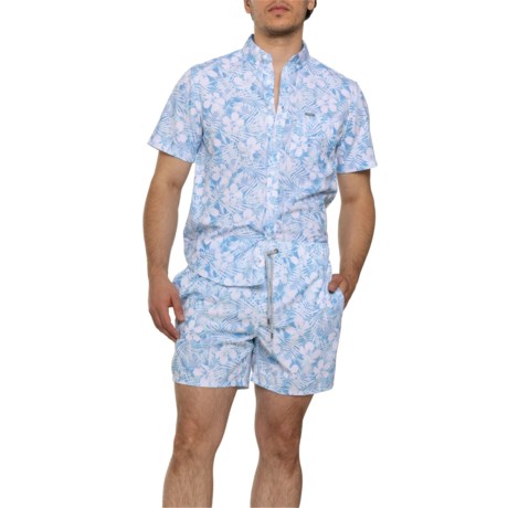 Vintage Summer Flower Print Button Shirt and Boardshorts Cabana Set - Short Sleeve in Blue Flower Print