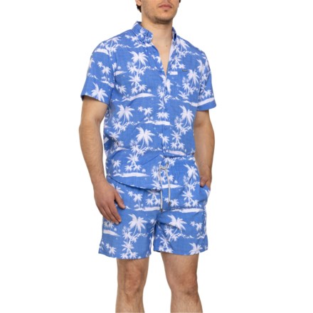 Vintage Summer Scenic Print Button Shirt and Boardshorts Cabana Set - Short Sleeve in Blue Scenic Print
