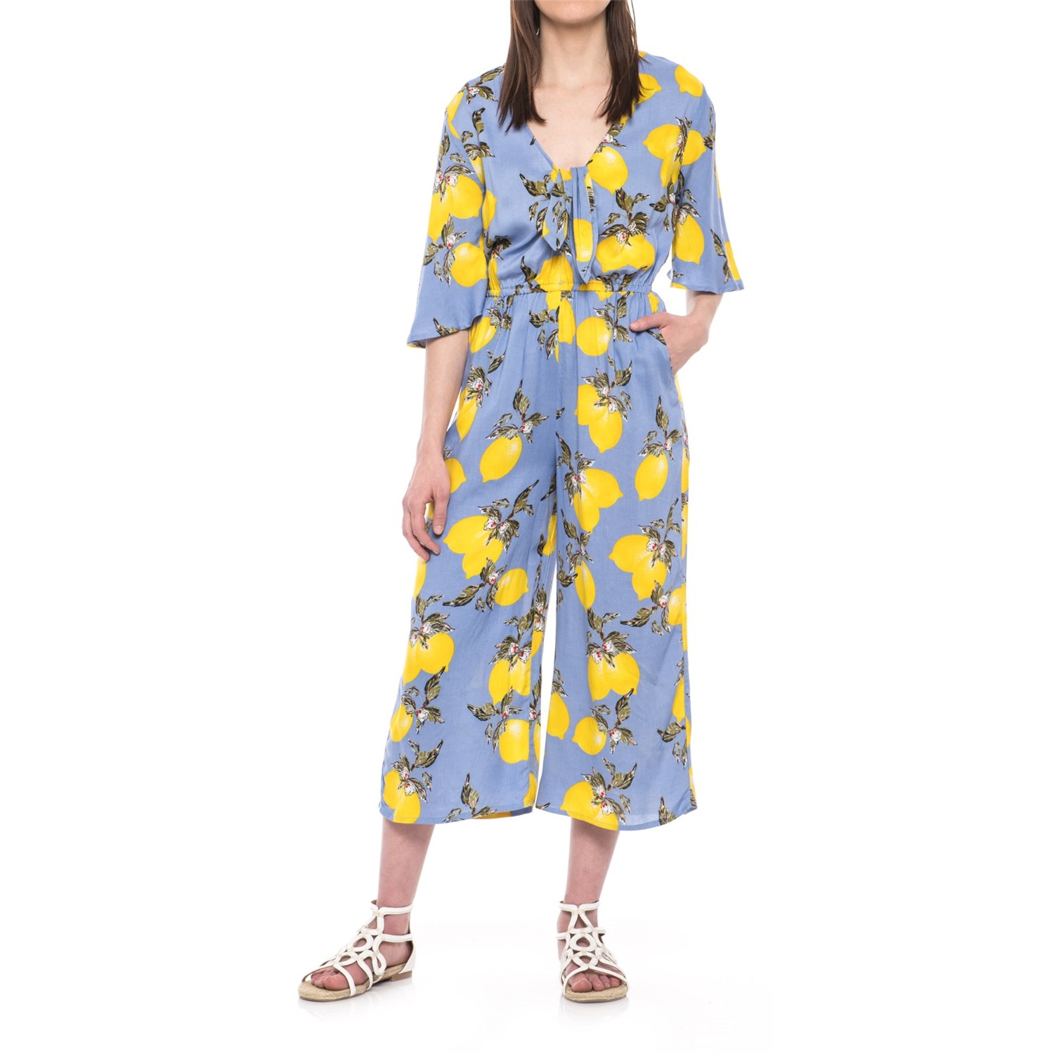 Violet Sky Lemon Print Beach Cover Up Jumpsuit Elbow