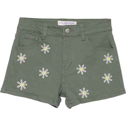 VIOLET SKYE Big Girls Daisy Embroidered Denim Shorts in Agave Green