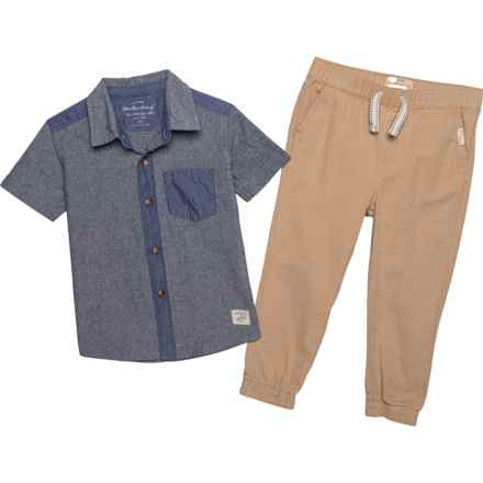 Weatherproof Vintage Toddler Boys Woven Shirt and Twill Joggers Set - Short Sleeve in Khaki