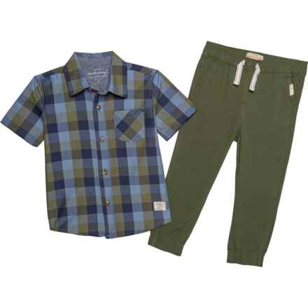 Weatherproof Vintage Toddler Boys Woven Shirt and Twill Joggers Set - Short Sleeve in Olive