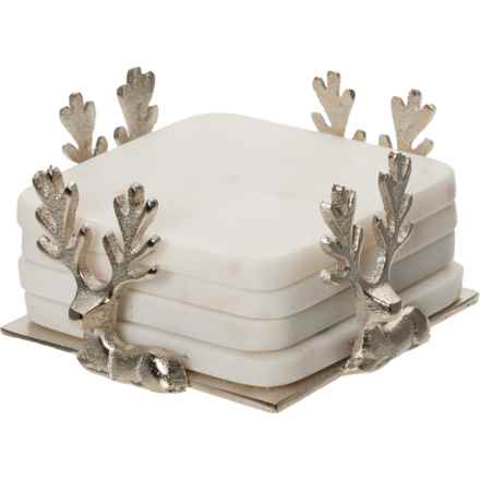 Wellesley Manor Square Marble Coasters with Holiday Reindeer Holder - Set of 4 in Silver - Closeouts