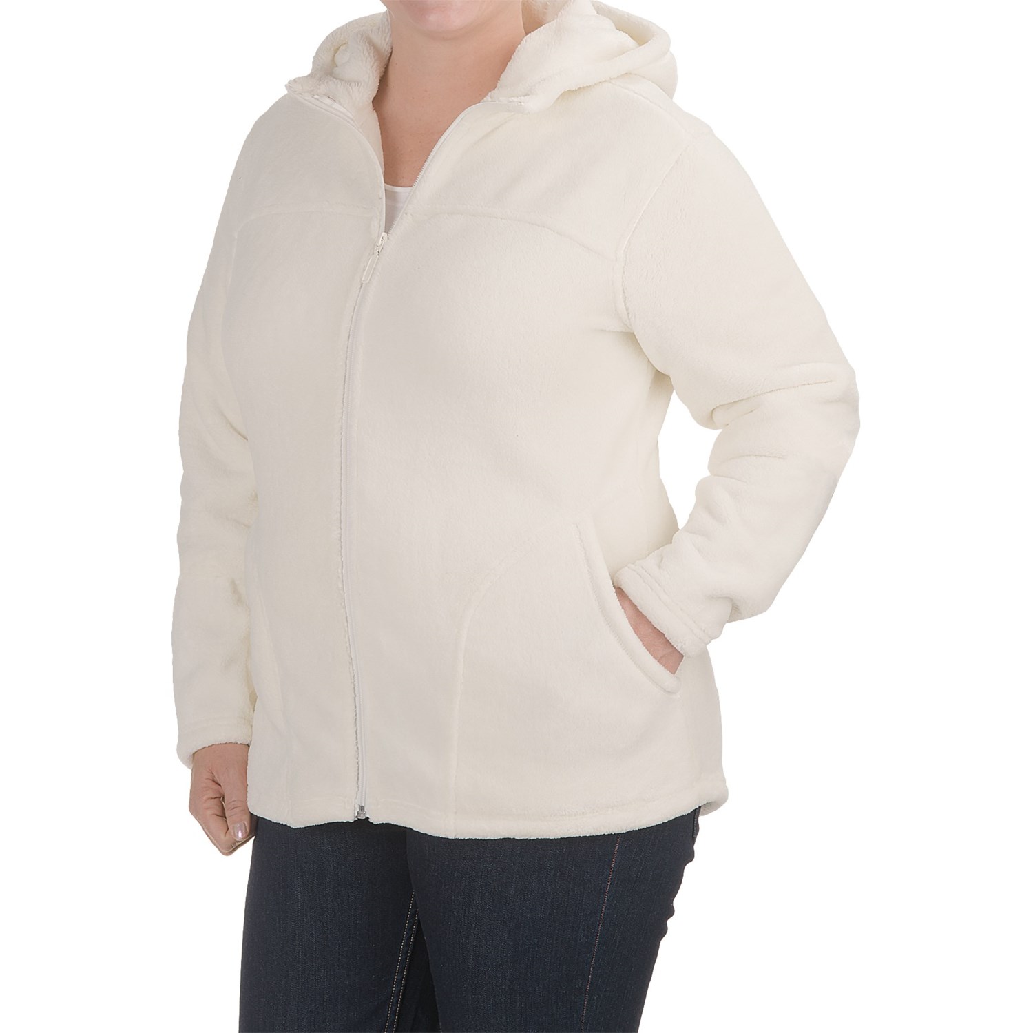 White Sierra Cozy Fleece Hooded Jacket For Plus Size Women