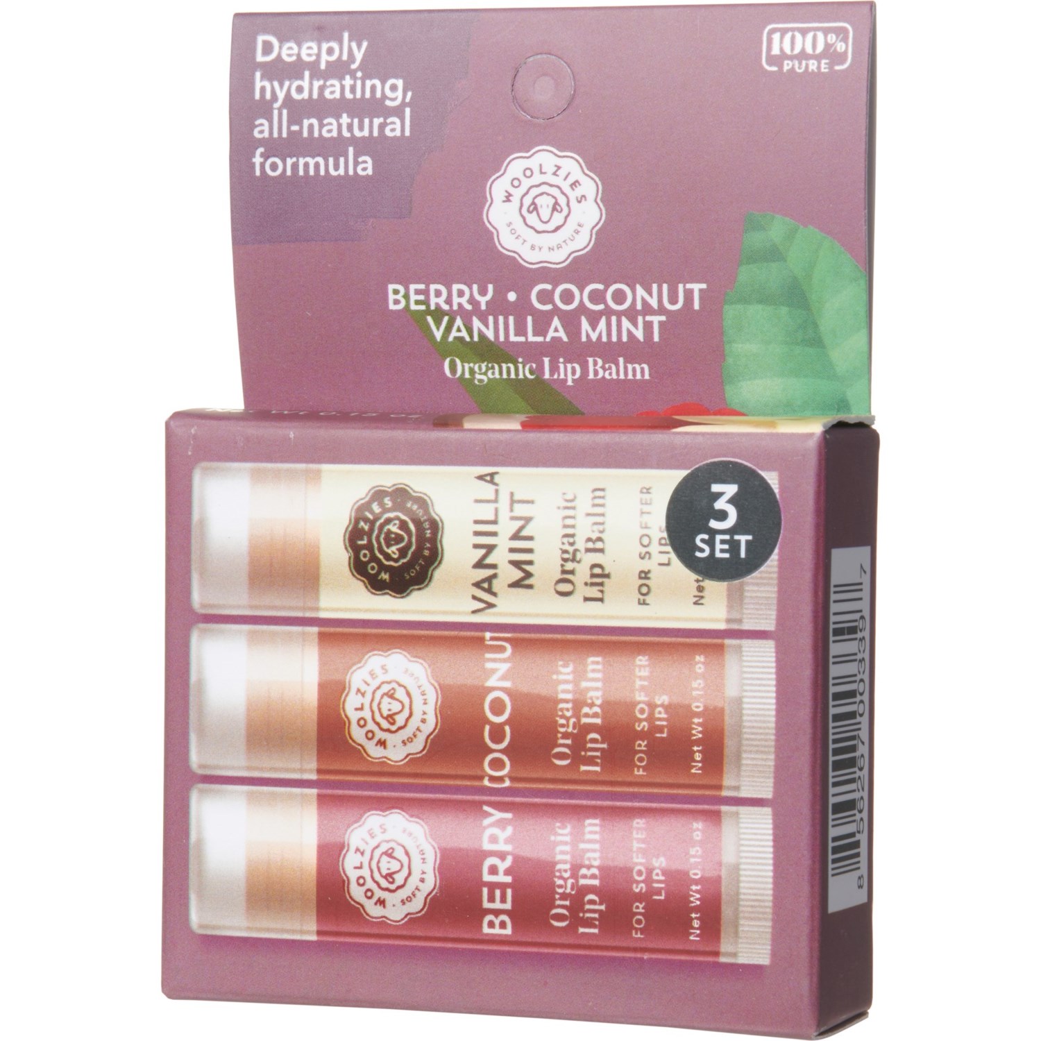 Woolzies Berry, Coconut and Vanilla Mint Organic Lip Balm Trio - Set of ...