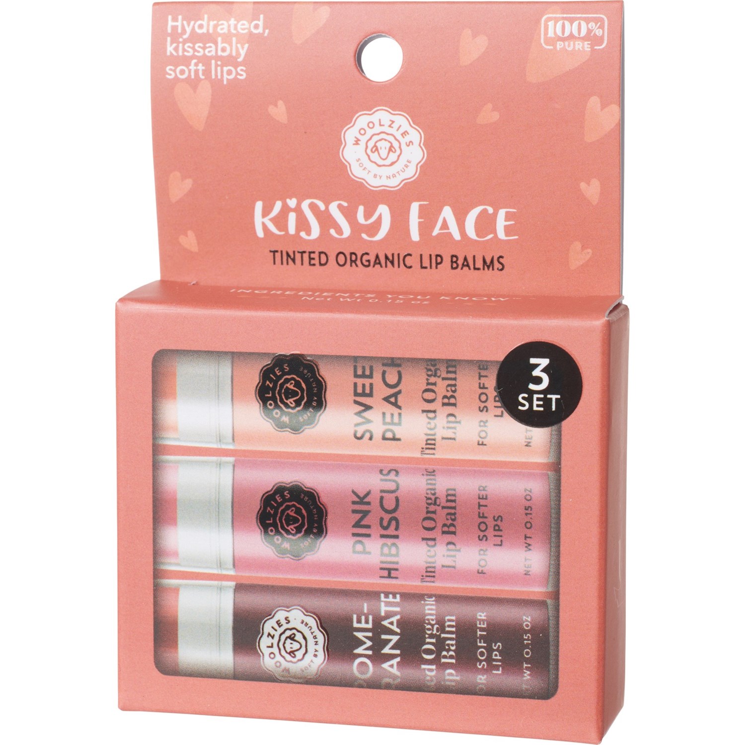 Woolzies Kissy Face Tinted Organic Lip Balm Set 3Piece, Pomegranate